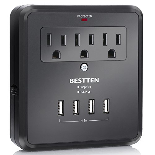 Book Cover BESTTEN Multi Outlet Wall Tap Adapter Surge Protector with 4 USB Charging Ports (4.2A Total), 3 Outlet Multipliers and 2 Slide-Out Phone Holders, 15A/125V/1875W, ETL Certified, Black