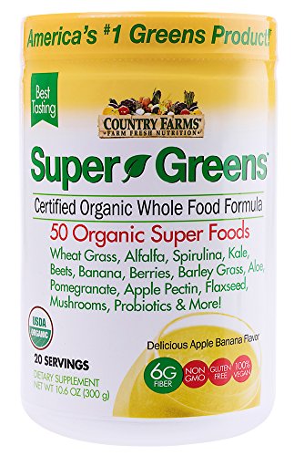Book Cover Country Farms Super Greens Banana Flavor, 50 Organic Super Foods, USDA Organic Drink Mix, 20 Servings