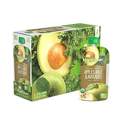 Book Cover Happy Baby Organic Clearly Crafted Stage 2 Baby Food, Apples, Kale and Avocadoes, 4 Ounce (8 Count)