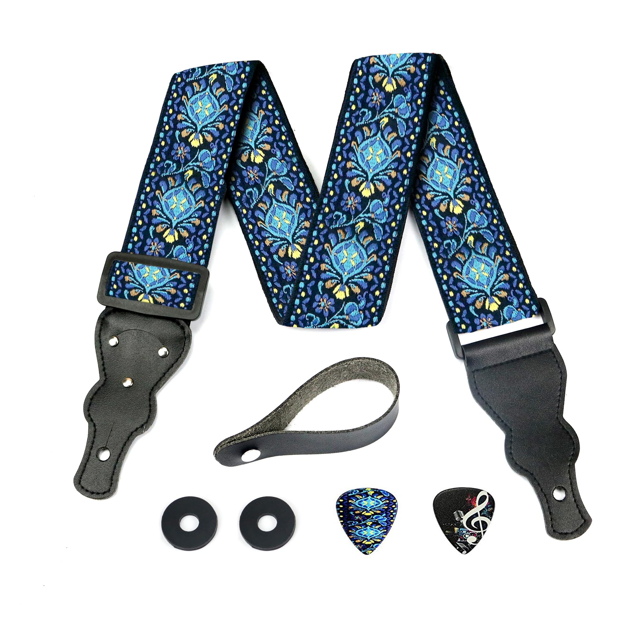Book Cover Hootenanny Guitar Strap, Jacquard Weave Embroidered Christmas Gift Strap Includes 2 Strap Locks & 2 Unique Picks. Adjustable Pick Pocket For Bass, Electric & Acoustic Guitar Stocking Stuffer Blue Woven