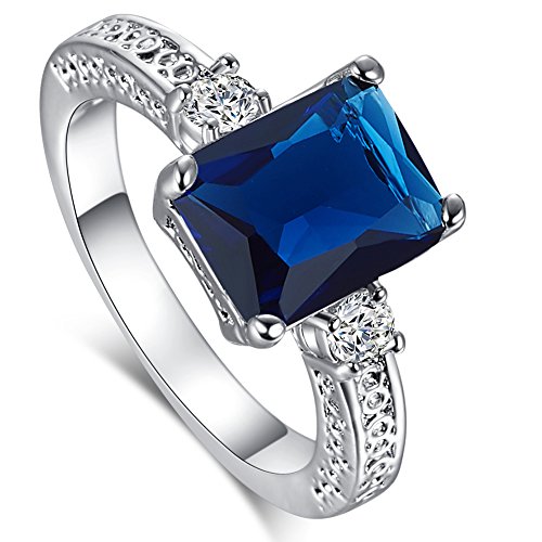Book Cover Psiroy 925 Sterling Silver Emerald Cut Created Blue Sapphire Filled Anniversary Ring Size 8