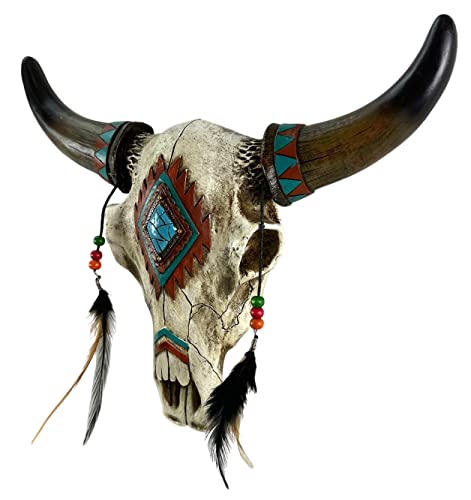 Book Cover De Leon Collections Rustic Southwest Tribal Bull Cow Skull with Feathers, Beads & Faux Turquoise Stone Hanging Wall Décor