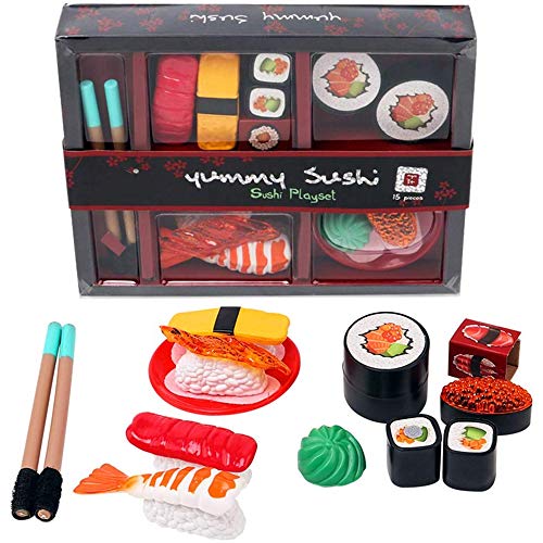 Book Cover Liberty Imports Japanese Sushi Dinner Bento Box Pretend Play Cutting Food Play Set for Kids (15 Pieces)