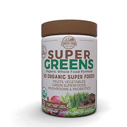 Book Cover Country Farms Super Greens Chocolate Flavor, 50 Organic Super Foods, USDA Organic Drink Mix, 20 Servings
