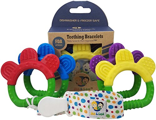 Book Cover Ike & Leo Teething Toys| Baby Infant and Toddler with Pacifier Clip/Teether Holder | Best for Sore Gums Pain Relief | Eco Friendly BPA Free & Freezer Safe |Set of 4 Silicone Teethers (Bracelets)