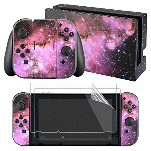 Book Cover eXtremeRateÂ® Full Set Faceplate Skin Decal Stickers for Nintendo Switch with 2Pcs Screen Protector (Console & Joy-con & Dock & Grip) (Purple Galaxy)