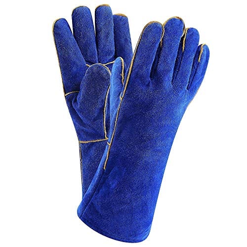 Book Cover Welding Gloves Heat Resistant Lined Leather, Blue - 14 Inch for Mig, Tig Welders, BBQ, Gardening, Camping, Stove, Fireplace and More â€¦