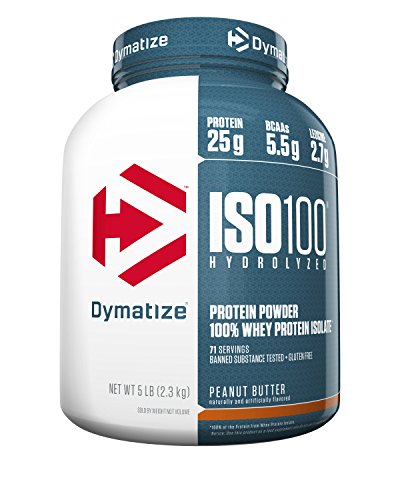 Book Cover Dymatize ISO100 Hydrolyzed Protein Powder, 100% Whey Isolate Protein, 25g of Protein, 5.5g BCAAs, Gluten Free, Fast Absorbing, Easy Digesting, Peanut Butter, 5 Pound