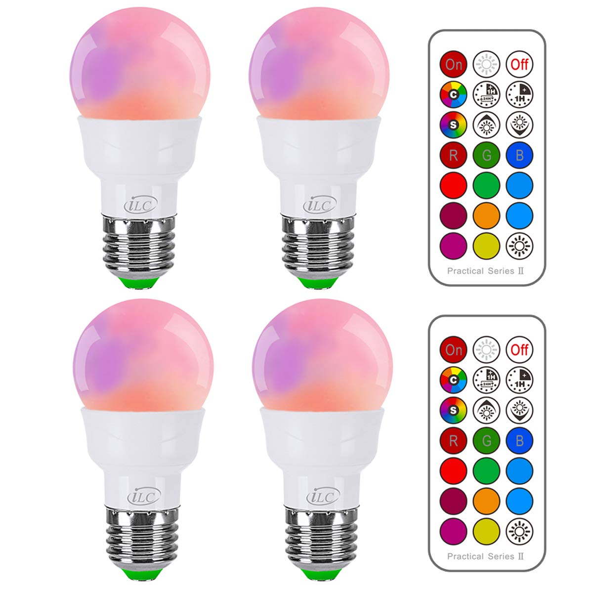 Book Cover iLC Color Changing Light Bulb Dimmable 3W E27 RGBW LED Lights [2017 NEW 2nd Generation], Mood Light - Dual Memory - 12 Color Choices - Timing IR Remote Controller Included (Pack of 4)
