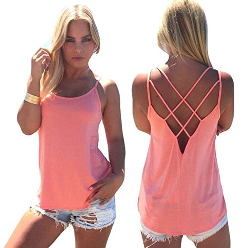 Book Cover Women's Cute Criss Cross Back Tank Tops Loose Hollow Out Camisole Shirt