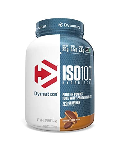 Book Cover Dymatize ISO100 Hydrolyzed Protein Powder, 100% Whey Isolate Protein, 25g of Protein, 5.5g BCAAs, Gluten Free, Fast Absorbing, Easy Digesting, Chocolate Peanut Butter, 3 Pound