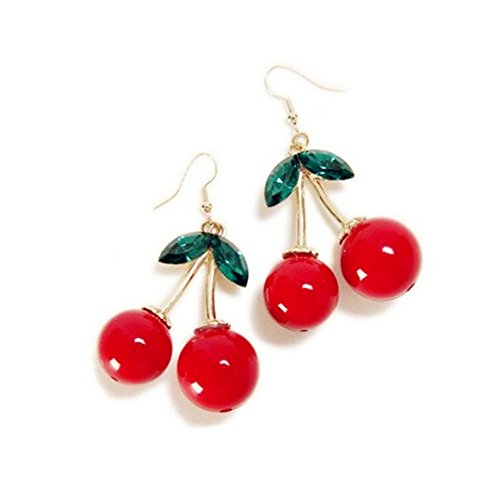 Book Cover XCFS 18K Gold Plated Vintage Red Big Cherry Charm& Green Crystal Leaf Women Hook Dangle Drop Earrings