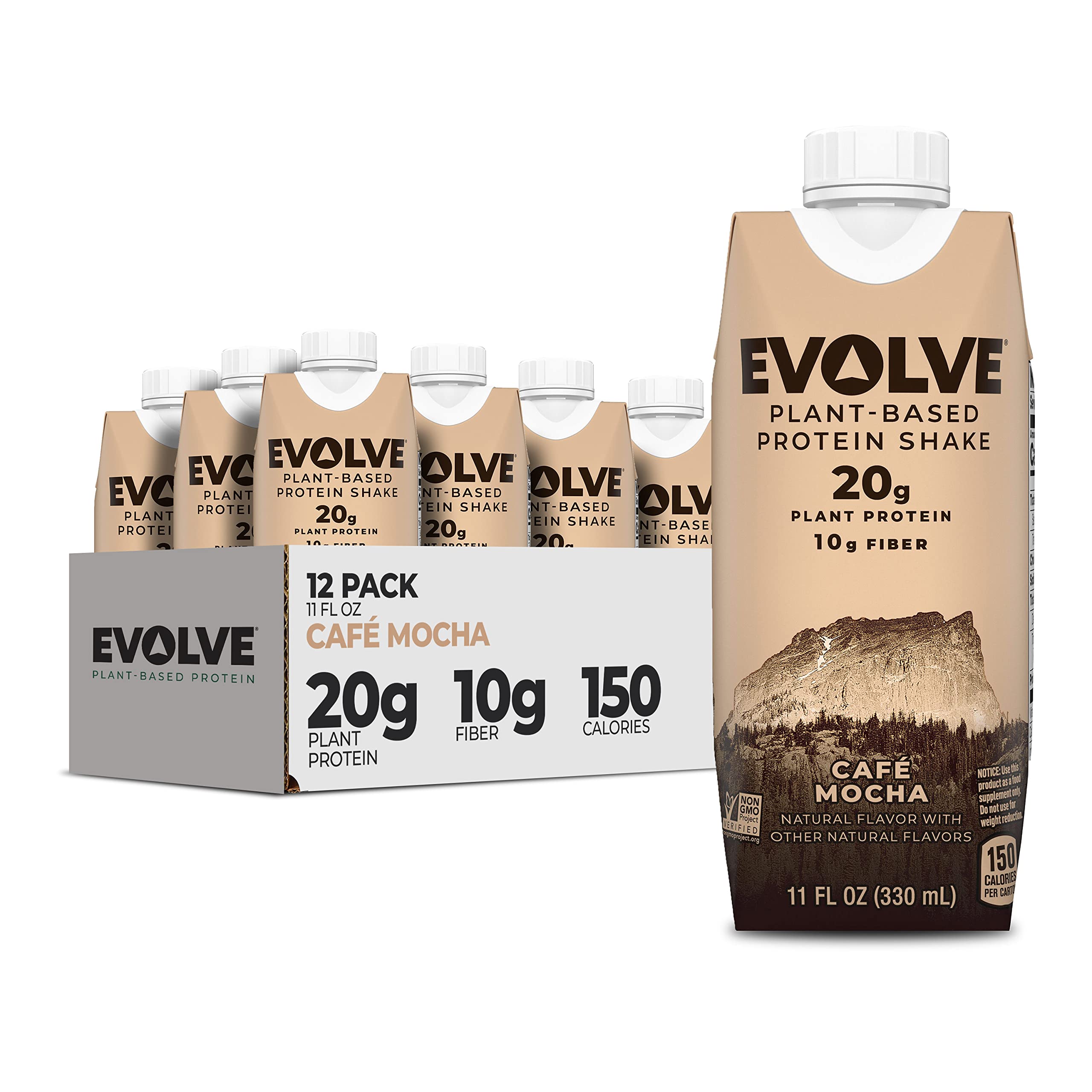 Book Cover Evolve Plant Based Protein Shake, Café Mocha, 20g Vegan Protein, Dairy Free, No Artificial Sweeteners, Non-GMO, 10g Fiber, 11oz, (12 Pack) (Formula May Vary) Carton Mocha 11.2 Fl Oz (Pack of 12)