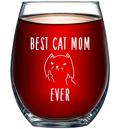 Book Cover Best Cat Mom Ever Funny Wine Glass 15oz - Unique Christmas Gift Idea for Cat Lovers - Perfect Birthday Gifts for Women - Rude Sarcastic Cat Meme Cup - Evening Mug