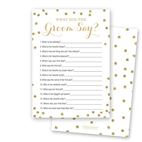 Book Cover MyExpression.com What Did The Groom Say Bridal Shower Game (Faux Gold Glitter on White) - 24 Count