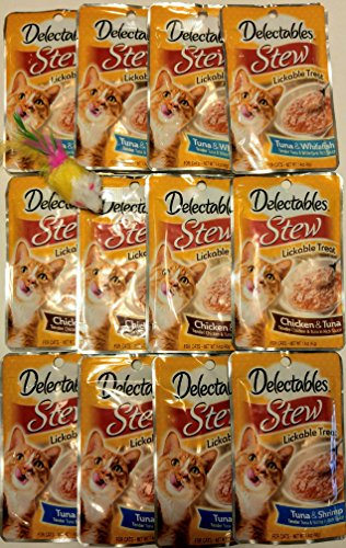 Book Cover Delectables Stew Lickable Treats Variety Bundle Pack of 12. (4) Tuna & Whitefish, (4) Chicken & Tuna, (4) Tuna & Shrimp. 1.4 oz Each - Bonus Mouse Toy Included (Color May Vary)