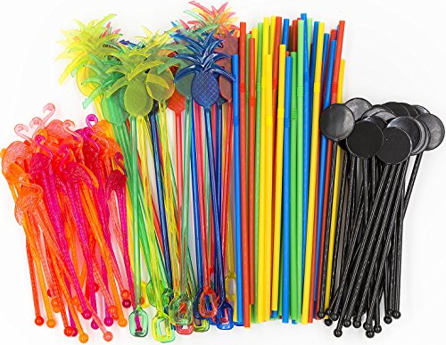 Book Cover Bar Caddy Supplies (120 Pack) â€“ Assorted Swizzle Sticks / Drink Stirrers (24 of Each Design) â€“ Disposable Flexible Drinking Straws in 2 Sizes â€“ Small Bar Party Supply Refill Pack for Bar Organizer