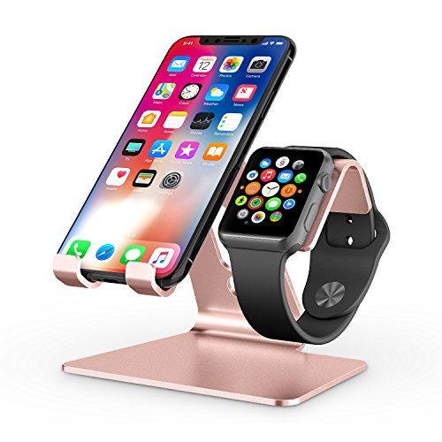 Book Cover Apple Watch Stand, OMOTON 2 in 1 Universal Desktop Stand Holder for iPhone and Apple Watch (Both 38mm/40mm/42mm/44mm) (Rose Gold)