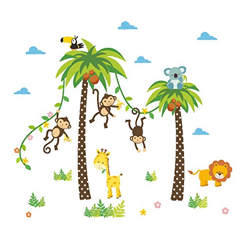 Book Cover ElecMotive Cartoon Forest Animal Monkey Crow Koala Coconut Palm Tree Nursery Wall Stickers Wall Murals DIY Posters Vinyl Removable Art Wall Decals for Kids Girls Room Decoration (Monkey Lion Giraffe)
