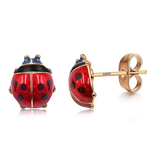 Book Cover Rose Gold Plated Red Ladybug Black Spots Animal Stud Earrings Fashion Jewelry for Girls