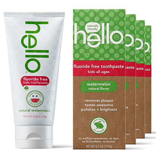 Book Cover Hello Natural Watermelon Flavor Kids Fluoride Free Toothpaste, Vegan, SLS Free, Gluten Free, Safe to Swallow for Baby and Toddlers, 4.2 Ounce (Pack of 4)