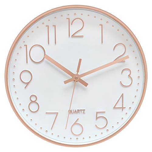 Book Cover Foxtop Modern Wall Clock Silent Non-Ticking Decorative Battery Operated Quartz Clock for Living Room Home Office School w Rose Gold Plastic Frame 12 inch