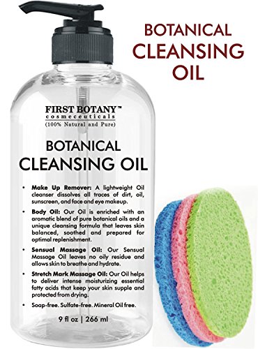 Book Cover Deep Cleansing Oil - 100% Pure & Natural, 9 fl oz with Sponges - Botanical Facial Cleanser, Eye Makeup Remover, Stretch Mark oil & Massage Oil