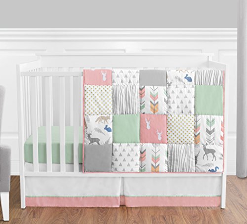Book Cover Coral, Mint and Grey Woodsy Deer Girls Baby Bedding 4 Piece Crib Set Without Bumper
