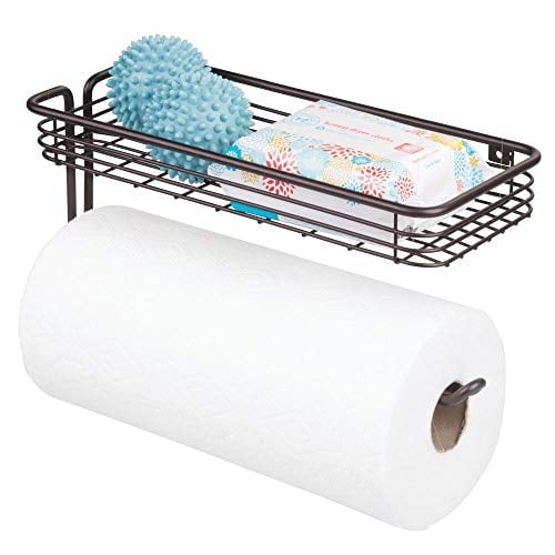 Book Cover mDesign Farmhouse Paper Towel Holder and Multi-Purpose Shelf - Wall Mount Storage Organizer for Laundry, Garage, Utility Room, Kitchen, Pantry - Durable Metal Wire Design - Bronze