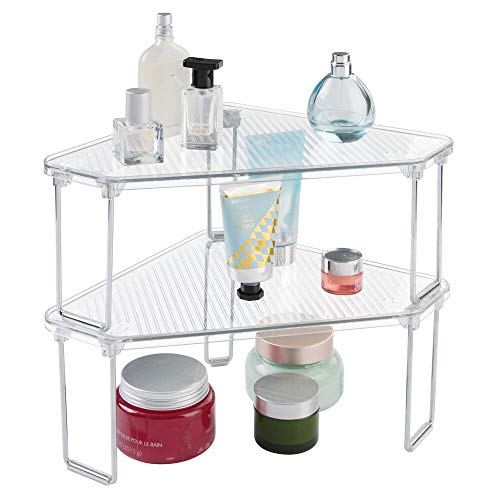 Book Cover mDesign Corner Plastic/Metal Freestanding Stackable Organizer Shelf for Bathroom Vanity Countertop or Cabinet for Storing Cosmetics, Toiletries, Facial Wipes, Tissues, 2 Pack - Clear