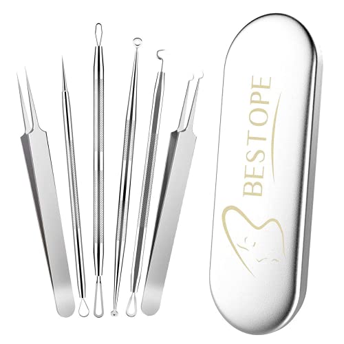 Book Cover BESTOPE Blackhead Remover Pimple Popper Tool Kit 6Pcs Blackhead Extractor Tool Blackhead Tweezer Comedone Extractor Zit Popper Acne Whitehead Extraction Tool for Nose Face with Metal Case, Silver