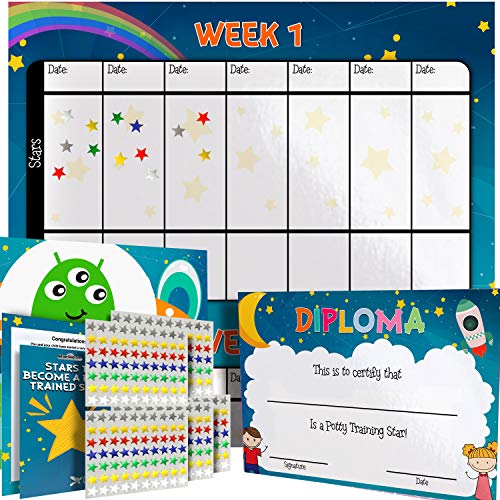 Book Cover Potty Training Chart for Toddlers - Space Theme - Sticker Chart - Celebratory Diploma, Crown and Book - 4 Week Potty Chart for Girls and Boys - Potty Training Sticker Chart