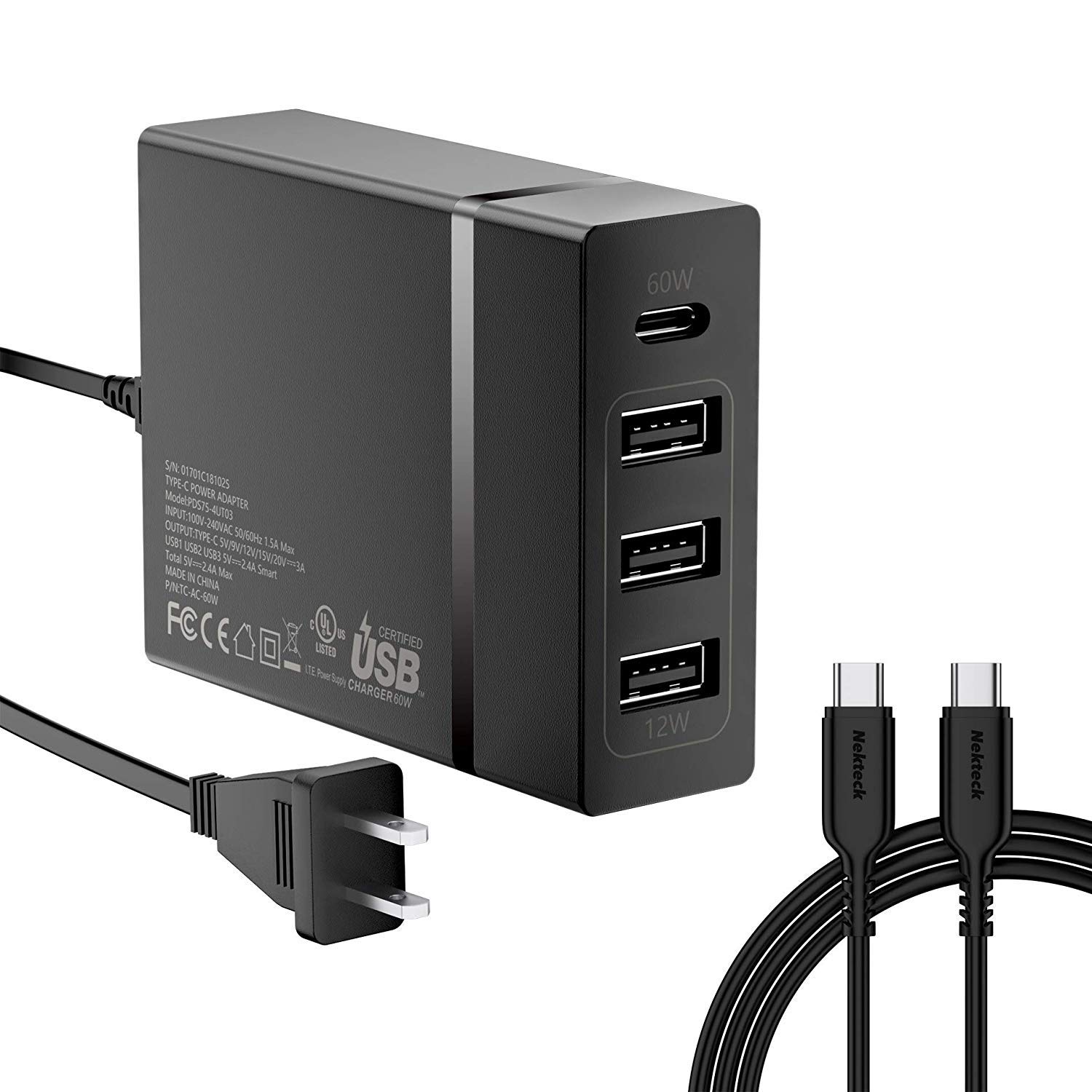 Book Cover USB C Charger, Nekteck 4-Port 72W USB Wall Charger with Type-C 60W Power Delivery PD Charger Station Compatible with iPhone 12 Pro Max, MacBook Pro, iPad Pro, Dell XPS, Surface Go, Pixel(Black)