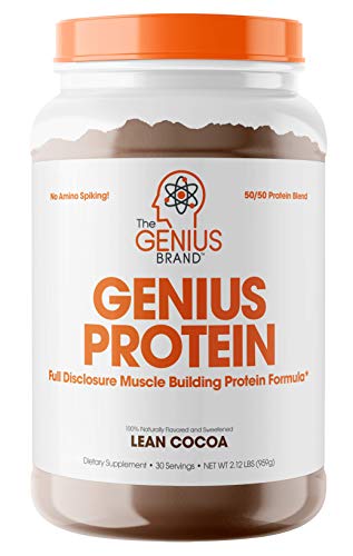 Book Cover Genius Protein Powder - Natural Whey Protein Isolate & Micellar Casein Lean Muscle Building Blend, Grass Fed Post Workout Strength Builder for Weight Loss and Strength Gains, Lean Cocoa, 2 LB