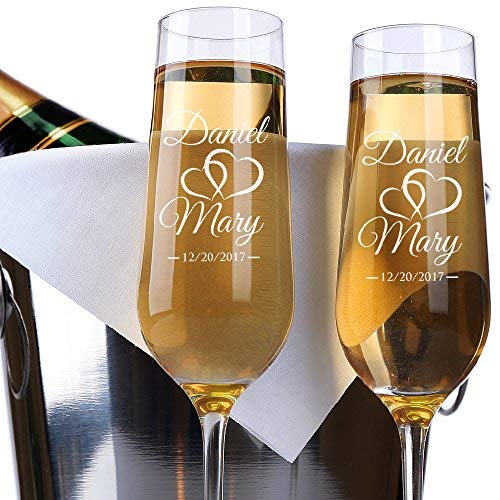 Book Cover P Lab Set of 2, Bride Groom Names & Date Hearts, Personalized Wedding Toast Champagne Flute Set, Wedding Toasting Glasses - Etched Flutes for Bride & Groom Customized Wedding Gift #N9
