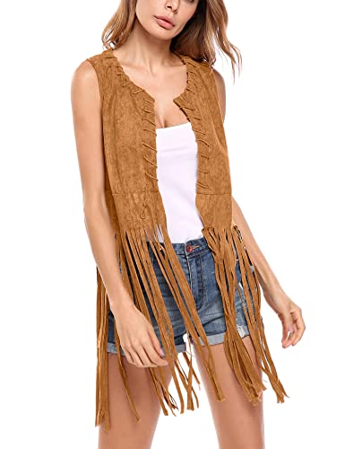 Book Cover Hotouch Women Fringe Vest Faux Suede Tassels 70s Hippie Clothes Open-Front Sleeveless Vest Cardigan Female