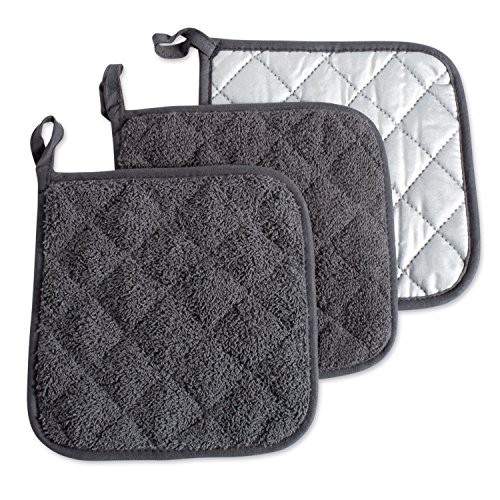 Book Cover DII 100% Cotton, Quilted Terry Oven Set Machine Washable, Heat Resistant with Hanging Loop, Potholder, Mineral Gray 3 Count