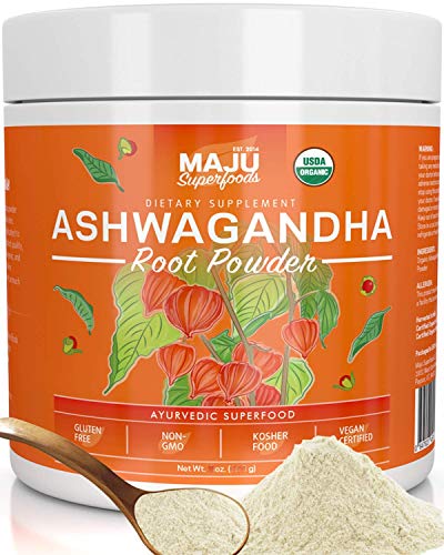 Book Cover MAJU's Ashwagandha Powder - Organic Root, Supplements Anxiety Relief, Feel Good Mood, Use in India Moon Milk, Adaptogenic Natural Herbs w/Protein for Depression, Best Pure Ashwaganda to Extract, 170g