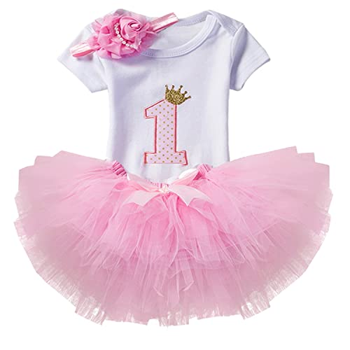 Book Cover NNJXD Girl Newborn Crown Tutu 1st Birthday 3 Pcs Outfits Romper+Dress+ Headband Size (1) 1 Year Pink