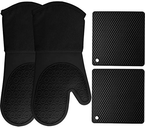 Book Cover HOMWE Silicone Oven Mitts and Pot Holders, 4-Piece Set, Heavy Duty Cooking Gloves, Kitchen Counter Safe Trivet Mats, Advanced Heat Resistance, Non-Slip Textured Grip (Black)