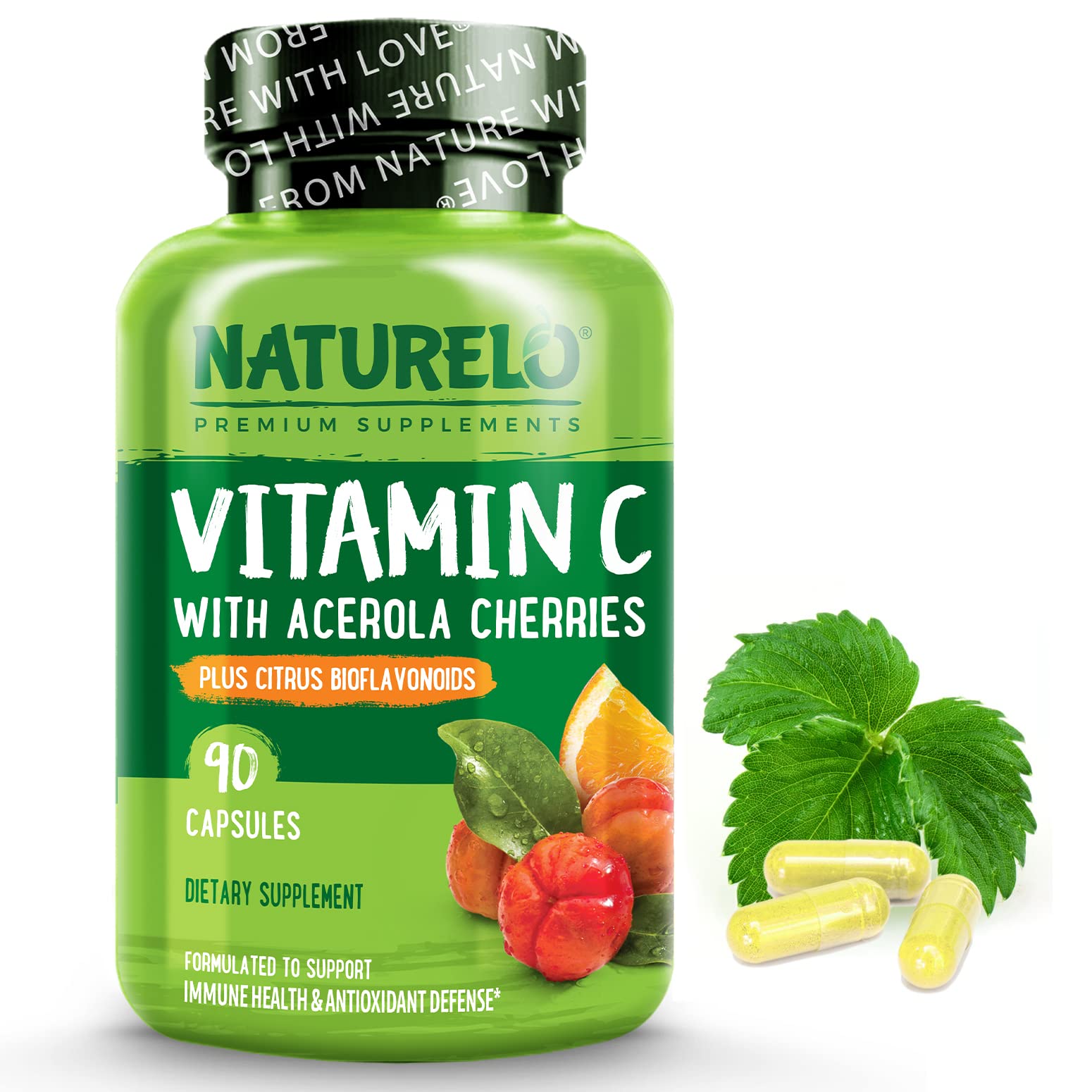 Book Cover NATURELO Vitamin C with Organic Acerola Cherry Extract and Citrus Bioflavonoids - Vegan Supplement - Immune Support - 500 mg VIT C per Cap - Non-GMO - 90 Capsules 90 Count (Pack of 1) Capsule
