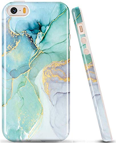 Book Cover luolnh iPhone 5 5S Case, Aquamarine and gold Marble Design Slim Shockproof Flexible Soft Silicone Rubber TPU Bumper Cover Skin Case for iPhone 5 5S SE