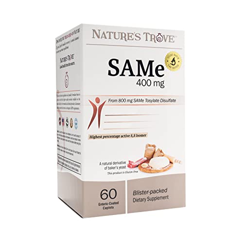 Book Cover Nature's Trove SAM-e 400mg 60 Enteric Coated Caplets. Vegan, Kosher, Non-GMO Project Verified, Soy Free, Gluten Free - Cold Form Blister Packed.