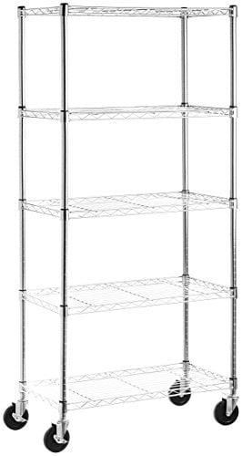 Book Cover AmazonBasics 5-Shelf Shelving Storage Unit on 4'' Wheel Casters, Metal Organizer Wire Rack, Chrome Silver