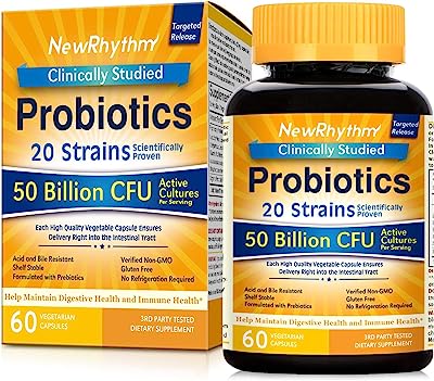 Book Cover NewRhythm Probiotics 50 Billion CFU 20 Strains, 60 Veggie Capsules, Targeted Release Technology, Stomach Acid Resistant, No Need for Refrigeration, Non-GMO, Gluten Free