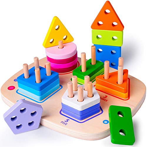 Book Cover rolimate Wooden Educational Toys for 3 4 5 Year Old Boys Girls Toddler Shape Sorter Geometric Block Sorting & Stacking Toys Parent-Child Interaction Montessori Preschool Toy Travel Toy