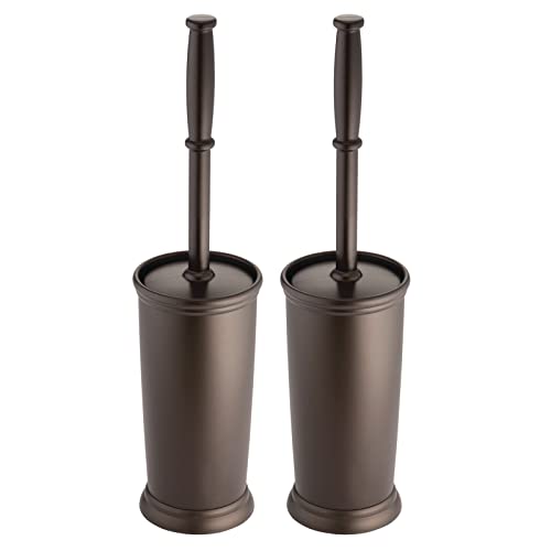Book Cover mDesign Compact Freestanding Plastic Toilet Bowl Brush and Holder for Bathroom Storage and Organization - Space Saving, Sturdy, Deep Cleaning, Covered Brush, 2 Pack - Bronze