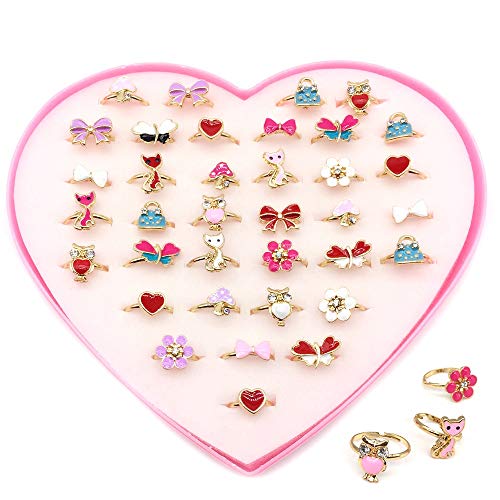 Book Cover Elesa Miracle 36pcs Children Kids Little Girl Adjustable Jewelry Rings in Box, Random Shape and Color, Girl Pretend Play and Dress up Rings
