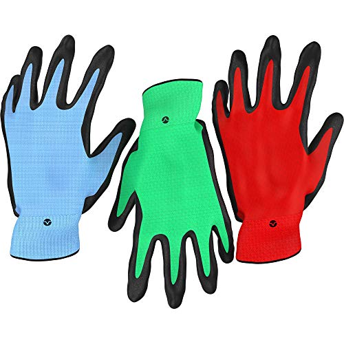 Book Cover Vremi Heavy Duty Gardening Gloves for Men and Women - 3 Pack Medium Size Bamboo Nitrile Coated Indoor and Outdoor Garden Gloves for Vegetable Roses or Flower Gardens - Blue Green and Red