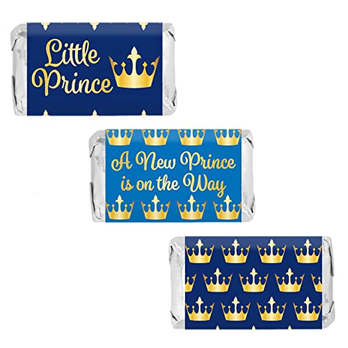Book Cover Blue and Gold Little Prince Baby Shower Mini Chocolate Candy Bar Wrapper Labels, Party Favor Stickers - 45 Count